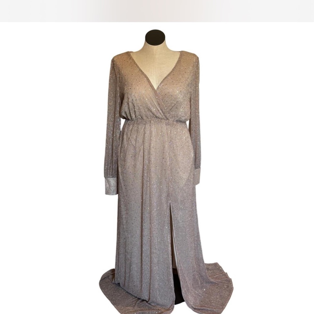 Baltic Born Sparkling Silver Long Sleeve V-Neck Gown